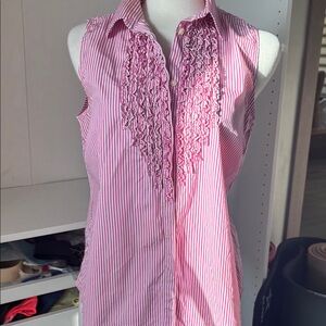 Lauren Ralph Lauren Pink and White Striped Sleeveless Ruffle-Front Blouse